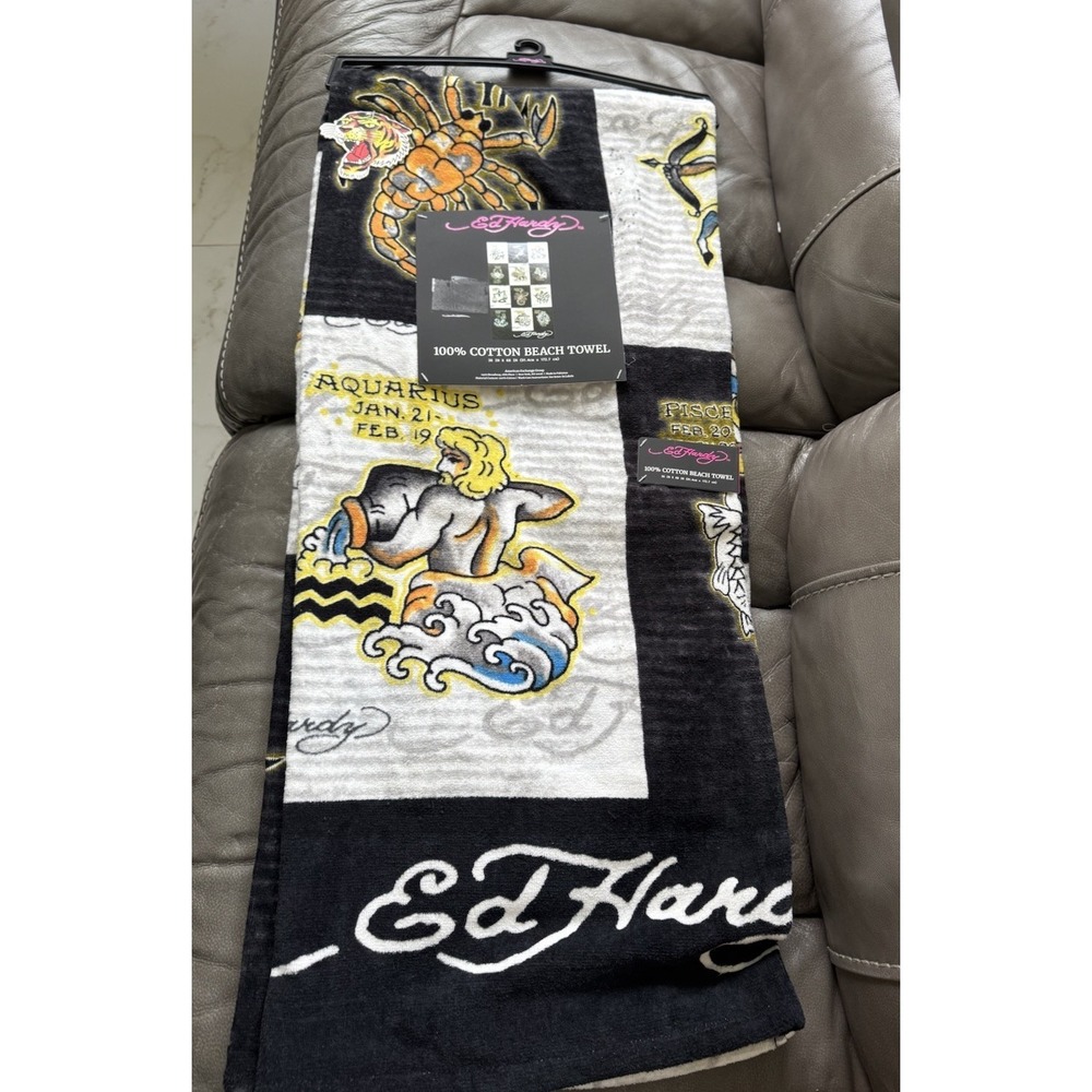 Ed Hardy Zodiac Beach Towel Aquarius Pisces Tiger Scorpion 36x68 NWT Y2K